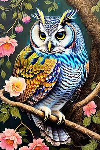 Hibou aux fleurs colorées sur une branche
