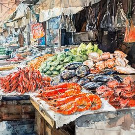Vismarkt - Aquarelstijl van Petra Dreiling-Schewe