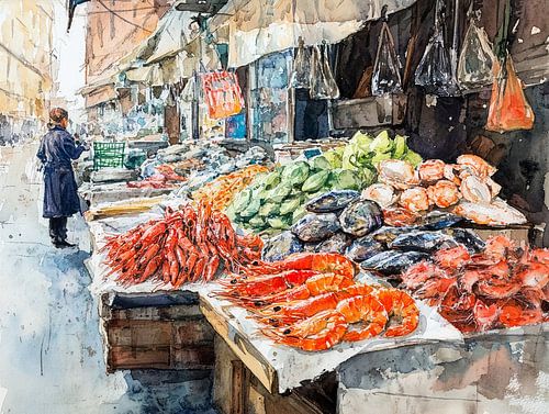 Vismarkt - Aquarelstijl