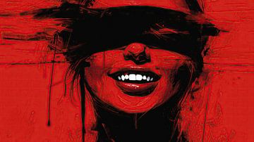 Abstract red graphic: Smiling young woman with blindfold by Frank Heinz