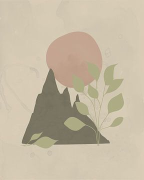 Minimalistisch landschap met een berg en groene bladeren