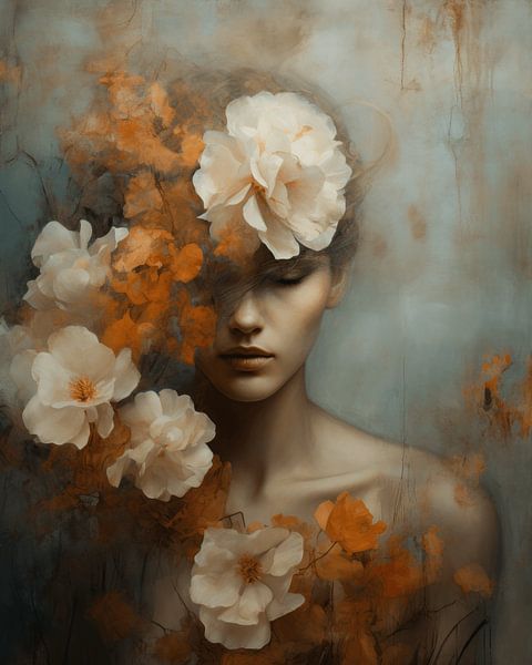 Modern portrait with flowers in pastel colours by Carla Van Iersel