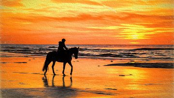 Paard en ruiter op het strand tijdens een zonsondergang