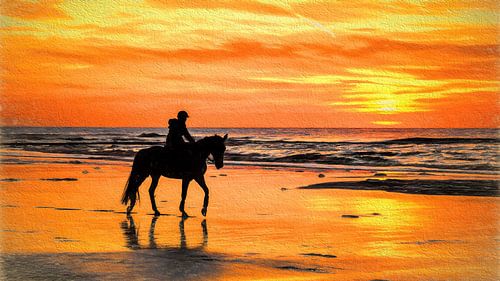 Pferd und Reiter am Strand während eines Sonnenuntergangs (der digitalen Kunst)