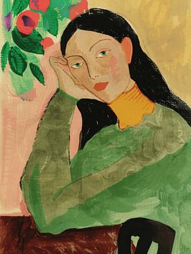 Modern portret, illustratie in voornamelijk groen tinten van Carla Van Iersel
