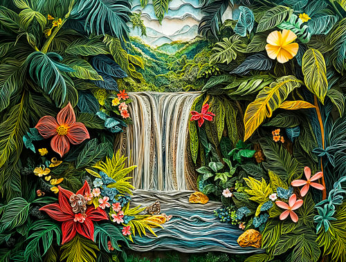 Tropische waterval in levendige quillingstijl