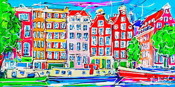 Canal of Amsterdam, Colorful Houses and Three Boats