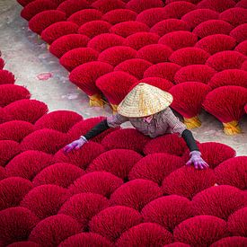 Een werker bundelt wierook bijeen in Quang Phu Cau Village, Vietnam. van Claudio Duarte