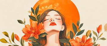 Femme solennelle avec fleurs et soleil sur Poster Art Shop