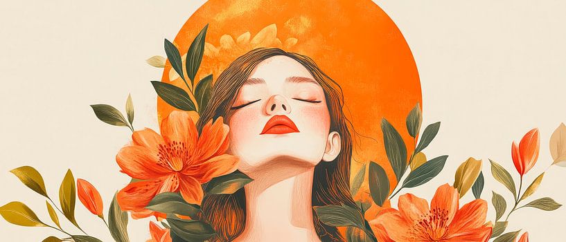 Plechtige vrouw met bloemen en zon van Poster Art Shop
