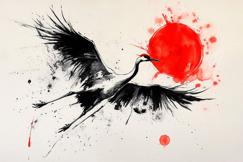 Kranich im Sonnenuntergang – Aquarellkunst von Poster Art Shop