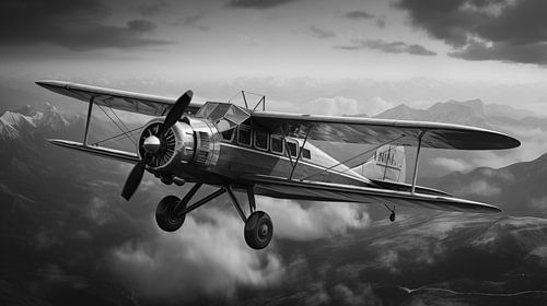 Oud tweedekker propellervliegtuig in mysterieuze lucht, retro ontwerp zwart-wit foto