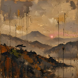 Japandi mountain landscape with sunshine by FoXo Art