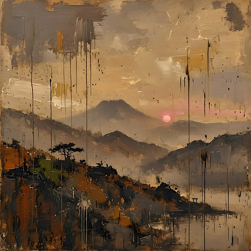 Japandi berglandschap met zon