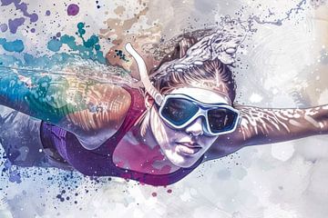 Abstract painting of a swimmer, watercolour by Peter Pen Drawings and Paintings