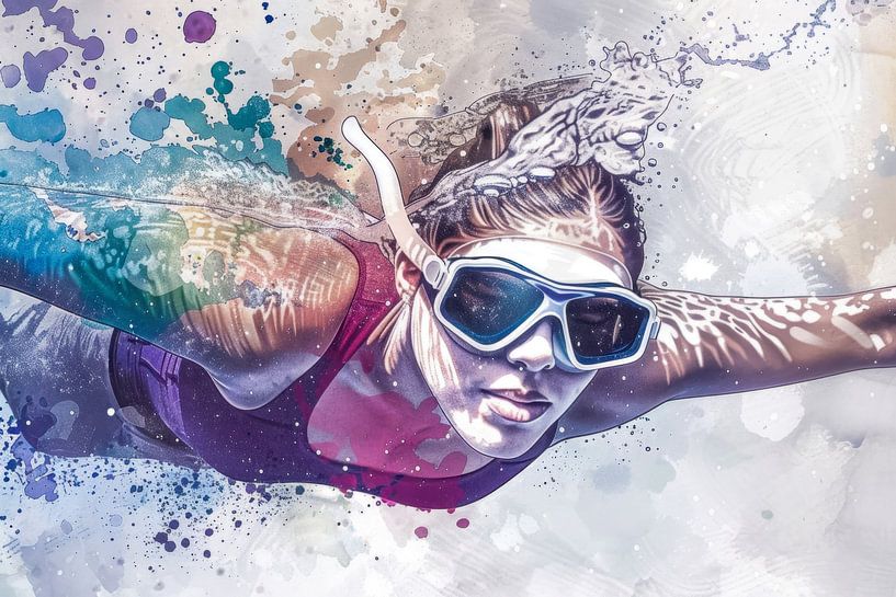 Abstraktes Bild einer Schwimmerin, Aquarell von Peter Pen Zeichnungen und Gemälde