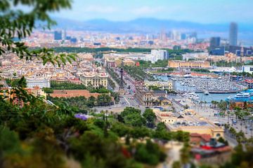 Uitzicht op La Rambla Barcelona vanaf de Montjuïc met tilt-shift diorama effect van Wesley Flaman