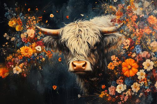 Blühende Schönheit - Hochlandkuh in einem Feld der Farben