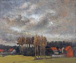 Impressionistisch landschap schilderij met huizen en boerderijen en dreigende wolkenlucht. van Galerie Ringoot thumbnail