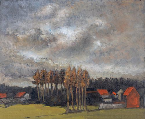Impressionist landscape painting with houses and farms and threatening cloudy skies.