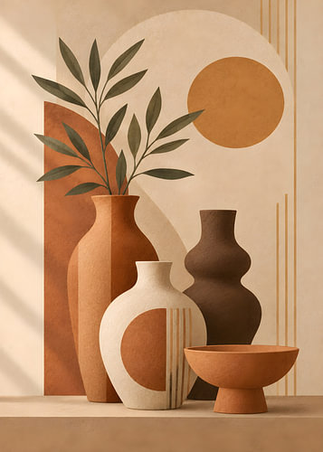 Earth Tone Still Life Art Print with Ceramic Vases and Botanical Foliage – Modern Minimalist Wall Decor