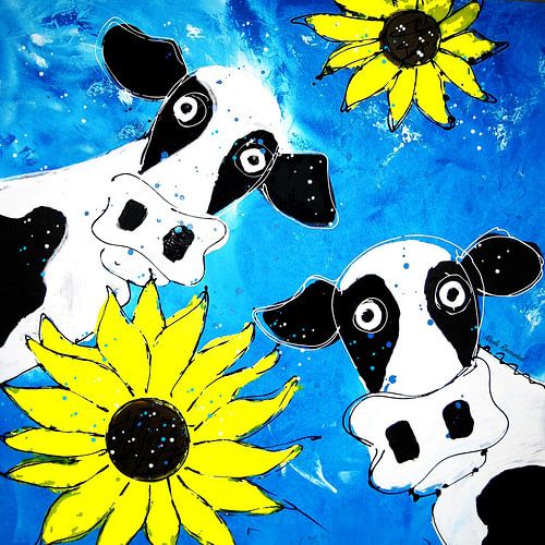 Zwei Kühe mit Sonnenblumen