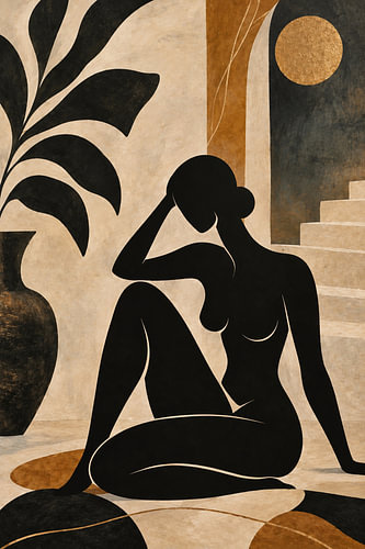 Abstrakte weibliche Silhouette in Erdtönen | Minimalistische Wanddekoration mit botanischen Motiven