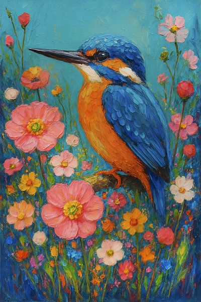 Eisvogel in einem Meer von Blumen von Marijke Trienekens