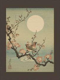 Japandi: Two birds on a blossom-covered branch under a full moon by Studio Pieternel