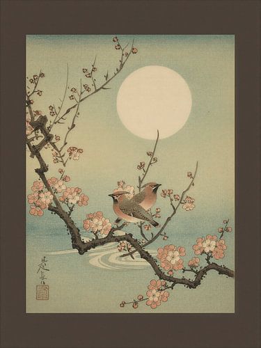 Japandi : Deux oiseaux sur une branche en fleurs à la pleine lune