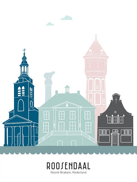 Illustration de la ligne d'horizon de la ville de Roosendaal en couleur par Mevrouw Emmer