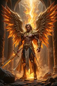 Fantasy Wall Art: PYROTHAELIX – The golden archangel before the pillars of heaven