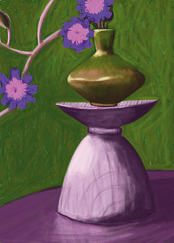 Ikebana stilleven paars groen