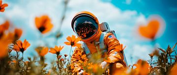 Astronaut tussen bloeiende bloemen van Poster Art Shop