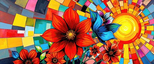 Lever de soleil abstrait - soleil éclatant et fleurs vivantes dans une mosaïque de tessons de verre lumineux