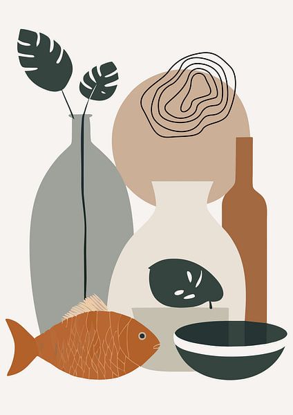 Still life with fish and monstera (04) by Sabine Minten