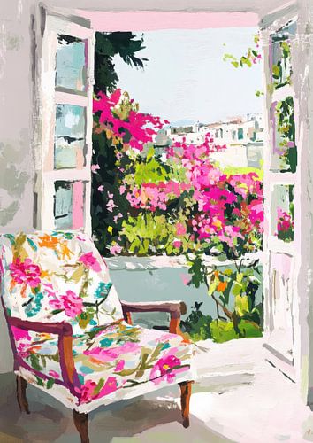 Grieks uitzicht met leunstoel & bloemen