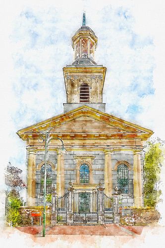 De Witte Kerk in Steenbergen (Brabant, Nederland) (aquarel)
