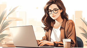 Geschäftsfrau arbeitet im Büro mit Laptop, Illustration Malerei Kunstdesign