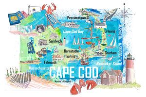 Cape Cod Massachusetts Insel Illustrierte Insel-Reisekarte mit touristischen Highlights von Markus Bleichner