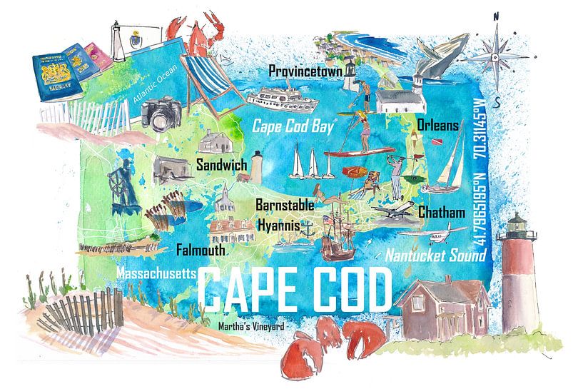 Cape Cod Massachusetts Island Geïllustreerde reiskaart met toeristische hoogtepunten van Markus Bleichner