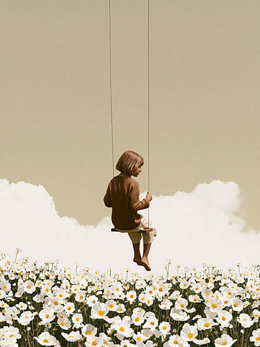 Dromen boven een veld vol bloemen, digitale collage