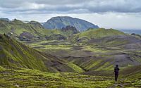 Wandelaar in groen berglandschap IJsland van Jeroen Kleiberg thumbnail