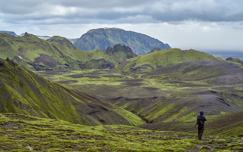 Wandelaar in groen berglandschap IJsland van Jeroen Kleiberg