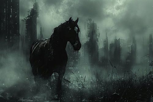 Lonely horse in a gloomy apocalyptic landscape
