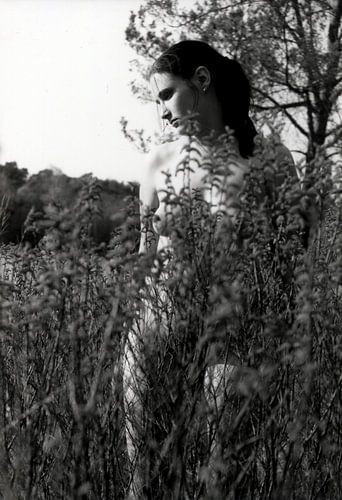 Young woman half covered naked in nature.
