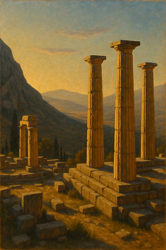 Delphi in zonovergoten nevel - eeuwenoude zuilen onder gouden licht