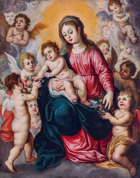 Jan Brueghel the Younger, Hendrik van Balen, Madonna with child surrounded by angels handing out flo by Atelier Liesjes