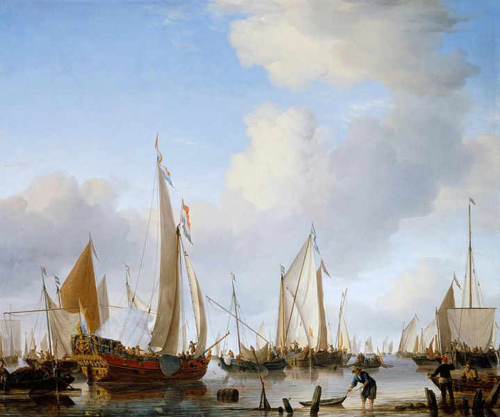 Ruhig: Eine Staatenyacht unter Segel in Ufernähe mit vielen anderen Schiffen, Willem van de Velde th von Meesterlijcke Meesters