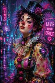 Een schilderij van een vrouwelijke neonclown. van Galerij Hoppenbrouwers